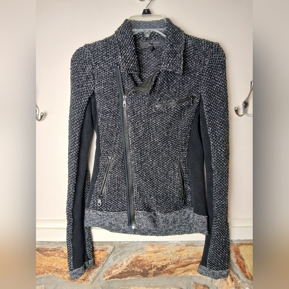 🍂 Rag & Bone Grey & Black Knitted & Fitted Zip up Jacket with flared collar XS - Picture 2 of 12